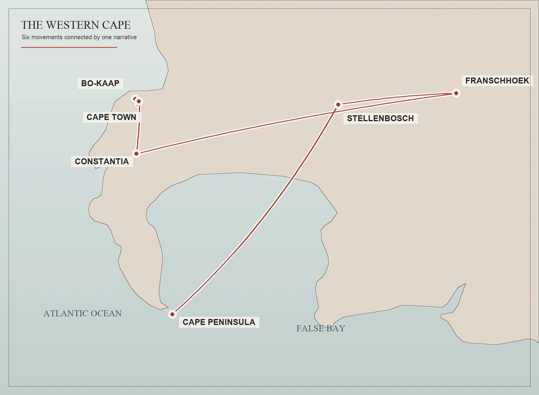 Map of the six movements: Bo-Kaap, Cape Town, Constantia, Franschhoek, Stellenbosch and the Cape Peninsula