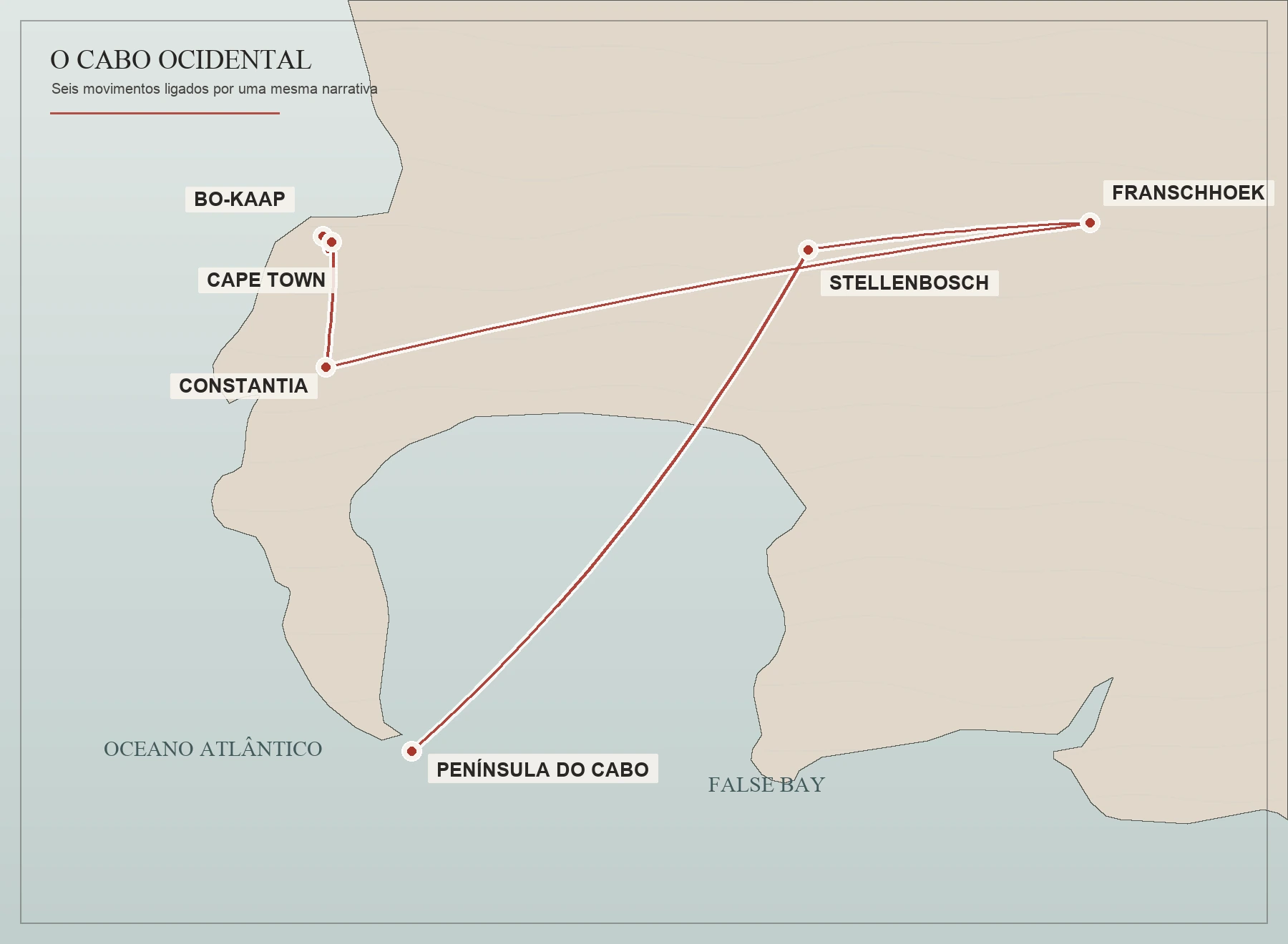 Mapa com os seis movimentos: Bo-Kaap, Cape Town, Constantia, Franschhoek, Stellenbosch e Península do Cabo